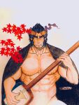  1boy abs absurdres autumn_leaves bara bare_pectorals blue_hair broken_horn closed_eyes clothes_on_shoulders colored_pencil_(medium) concentrating cowboy_shot dark_blue_hair demon_boy demon_horns facial_hair fiery_horns haori highres horns instrument instrument_request japanese_clothes large_pectorals long_sideburns male_focus mature_male muscular muscular_male music navel nipples pectorals pisukesu_(pis_ces) playing_instrument scar scar_on_neck short_hair sideburns solo stomach strongman_waist stubble takemaru_(housamo) thick_eyebrows tokyo_afterschool_summoners traditional_media tusks v-shaped_eyebrows 