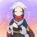  1girl absurdres akari_(pokemon) black_hair black_shirt blush closed_eyes closed_mouth commentary_request eyelashes facing_viewer head_scarf highres jacket notice_lines outline pokemon pokemon_(game) pokemon_legends:_arceus red_scarf sash scarf shirt sidelocks smile solo upper_body white_headwear yuu_(jgvj7873) 