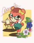  absurd_res adjusting_glasses animal_crossing anthro bear beverage black_nose bottomwear cheri_(animal_crossing) clothing digital_media_(artwork) eyewear female flower furniture glasses green_bottomwear green_clothing green_eyewear green_glasses green_skirt hi_res holding_beverage holding_object looking_at_viewer mammal nintendo plant red_body satojoyu skirt smile solo standing table yellow_ribbon 