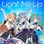  3girls album_cover blonde_hair blue_eyes blue_hair blue_neckerchief blue_wings bow bowtie cover crown elira_pendora fangs finana_ryugu fins flower green_hair hair_flower hair_ornament hair_over_one_eye head_fins head_wings highres holding holding_microphone lazulight long_hair microphone mini_crown multiple_girls neckerchief necktie nijisanji nijisanji_en official_art one_eye_closed one_side_up open_mouth pointy_ears pomu_rainpuff ponytail purple_eyes purple_flower purple_necktie red_eyes short_sleeves sidelocks smile twintails very_long_hair virtual_youtuber white_hair wings yellow_bow yellow_bowtie 