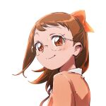  1girl aged_up blush bow brown_eyes brown_hair closed_mouth collared_shirt commentary_request fujiwara_hazuki glasses hair_bow long_hair looking_at_viewer looking_back ojamajo_doremi ojamajo_doremi_16 orange_bow orange_shirt round_eyewear shirt short_bangs simple_background smile solo tanedahiwa_(carduelini) upper_body white_background 