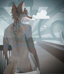  anthro azur_(artist) beach butt canid canine canis cloud coyote digital_media_(artwork) fur hi_res looking_at_viewer looking_back looking_back_at_viewer male mammal rear_view seaside solo tail towel towel_only 