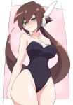  1girl absurdres aile_(mega_man_zx) alternate_costume bare_shoulders black_leotard blush breasts brown_hair buzzlyears closed_mouth collarbone covered_navel green_eyes highres large_breasts leotard long_hair looking_at_viewer mega_man_(series) mega_man_zx shiny_skin solo 