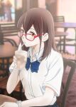  1girl blue_bow blue_bowtie blue_skirt blurry blurry_background bow bowtie brown_eyes brown_hair cafe chair collared_shirt cup disposable_cup drinking drinking_straw glasses highres holding holding_cup indoors kimi_no_suizou_wo_tabetai long_hair looking_at_viewer milkshake pleated_skirt school_uniform shirt short_sleeves sitting skirt solo table take20131004 watch white_shirt wristwatch yamauchi_sakura 