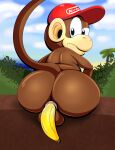  absurd_res anal anal_penetration anus balls banana beach butt clothing diddy_kong donkey_kong_(series) food fruit genitals haplorhine hat headgear headwear hi_res looking_at_viewer looking_back lube male mammal monkey nintendo object_in_ass penetration plant primate seaside sitting solo tail tepigfan101 