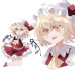  1girl addictionwhite ascot blonde_hair curtsey fang flandre_scarlet hair_between_eyes hat hat_ribbon head_tilt looking_at_viewer medium_hair mob_cap multicolored_wings multiple_views one_side_up open_mouth orange_hair puffy_short_sleeves puffy_sleeves red_footwear red_ribbon red_skirt red_vest ribbon ribbon-trimmed_headwear ribbon_trim shirt short_sleeves skirt skirt_set touhou vest white_background white_headwear white_shirt wings wrist_cuffs yellow_ascot 