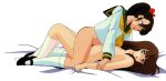  1980s_(style) 2girls aqua_eyes arm_grab bed_sheet black_footwear blue_eyes blush bottomless bow brown_hair convenient_arm cream_lemon escalation hair_bow high_ponytail highres kneehighs komatsuzaki_rie long_hair long_sleeves lying mary_janes multiple_girls neckerchief non-web_source nose_blush nude official_art on_side oomori_midori open_mouth retro_artstyle scan school_uniform serafuku shoes simple_background socks straddling white_background yuri 