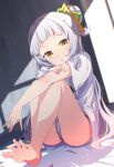  1girl absurdres barefoot black_panties blush commentary_request forehead grey_hair hair_bun highres hololive knees_up long_hair looking_at_viewer murasaki_shion no_pants okota_mikan panties parted_lips shirt short_sleeves soles solo sunlight underwear very_long_hair virtual_youtuber white_shirt wide_sleeves yellow_eyes 