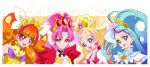  4girls :d ahoge akagi_towa amanogawa_kirara aqua_eyes aqua_hair artist_logo bare_shoulders big_hair blonde_hair blue_eyes choker commentary_request copyright_name cure_flora cure_mermaid cure_scarlet cure_twinkle earrings eyelashes go!_princess_precure hair_ornament happy haruno_haruka jewelry kaidou_minami kamikita_futago looking_at_viewer magical_girl multicolored_hair multiple_girls open_mouth orange_hair pink_eyes pink_hair precure purple_hair red_eyes smile star_(symbol) star_earrings streaked_hair two-tone_hair 