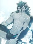  abs anthro biceps black_body black_clothing black_fur black_speedo black_swimwear blue_eyes bulge canid canine canis clothed clothing countershade_arms countershade_face countershade_fur countershade_torso countershading fur hi_res looking_at_viewer male mammal muscular muscular_anthro muscular_male pecs sky_gomi smile smiling_at_viewer solo speedo speedo_only swimwear topless topless_anthro topless_male wolf 