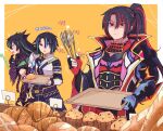  3boys black_hair blue_hair bread croissant duel_monster ei_(tdnei666) fingerless_gloves food gauntlets gloves green_hair high_ponytail highres holding holding_tongs holding_tray jacket kashtira_riseheart long_sleeves male_focus muffin multiple_boys open_clothes open_jacket open_mouth popped_collar purple_eyes red_hair scareclaw_reichheart shaded_face short_hair single_fingerless_glove single_shoulder_pad single_sleeve tongs tray visas_starfrost wide_sleeves yu-gi-oh! 