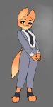  2023 anthro avenu bottomwear canid canine clothed clothing diane_foxington dreamworks eyebrow_piercing facial_piercing female fox full-length_portrait fully_clothed fur grey_background grey_bottomwear grey_clothing grey_jacket grey_pants grey_topwear hi_res jacket looking_at_viewer mammal necktie orange_body orange_fur pants piercing portrait shirt simple_background smile solo standing suit the_bad_guys topwear white_clothing white_shirt white_topwear 