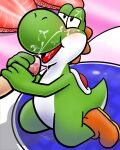  2021 absurd_res ambiguous_focus ambiguous_gender anthro bodily_fluids clothing cum cum_on_face cumshot disembodied_penis dubindore duo ejaculation erection footwear footwear_only genital_fluids genitals green_body green_yoshi handjob hi_res kneeling male male/ambiguous mario_bros mostly_nude nintendo on_model open_mouth open_smile penile penis scalie sex shoes shoes_only smile solo_focus two-handed_handjob yoshi 