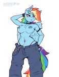 absurd_res anthro anthrofied blue_body blue_fur breasts chest_tuft clothed clothing dandy_(artist) equid equine exposed_breasts female friendship_is_magic fur hasbro hi_res mammal my_little_pony navel navel_piercing nipple_piercing nipples panties pegasus piercing rainbow_dash_(mlp) solo topless tuft underwear wings 