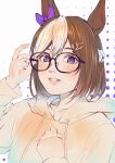  1girl animal_ears bow brown_hair collarbone commentary_request ear_bow glasses hood hoodie horse_ears horse_girl looking_at_viewer multicolored_hair oki_(koi0koi) partial_commentary polka_dot polka_dot_background purple_bow purple_eyes short_hair smile solo special_week_(umamusume) striped_hair two-tone_hair umamusume upper_body white_hair 