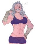  1girl abs dorohedoro grey_hair grin hand_wraps highres messy_hair muscular muscular_female noi_(dorohedoro) one_eye_closed pen.lilixeesketche red_eyes smile solo 