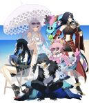  1boy 4girls :d ahoge bare_shoulders beach_chair bikini black_hair black_pants black_shorts black_skirt blue_eyes blue_hair bow braid braided_ponytail claws coat colored_inner_hair detached_sleeves diamond_hairband dragon dragonfly_wings eyewear_on_head fang fate/grand_order fate_(series) fingerless_gloves food fur-trimmed_coat fur_trim gloves grey_eyes hair_bow hand_on_own_cheek hand_on_own_face head_rest heart heart-shaped_eyewear hephaestion_(fate) highres holding holding_food holding_magazine holding_popsicle holding_umbrella innertube kumonryuu_eliza_(fate) lady_avalon_(second_ascension)_(fate) long_hair low_twintails magazine_(object) midriff multicolored_hair multiple_girls ne_f_g_o oberon_(third_ascension)_(fate) one_eye_closed pants parasol pink_bow pink_eyes pink_hair pleated_skirt ponytail popsicle reading round_eyewear shirt shorts sitting skirt smile squatting sunglasses swimsuit tenochtitlan_(second_ascension)_(fate) twintails two-tone_hair umbrella white_bikini white_shirt 