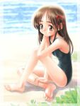  1girl barefoot beach blush border braid brown_eyes brown_hair day goto_p hair_ribbon long_hair looking_to_the_side new_school_swimsuit non-web_source one-piece_swimsuit open_mouth original outdoors ribbon school_swimsuit sidelocks single_braid sitting smile solo swimsuit transparent_border 