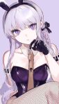  1girl bare_shoulders black_gloves black_ribbon braid breasts brown_necktie danganronpa:_trigger_happy_havoc danganronpa_(series) detached_collar fishnet_pantyhose fishnets gloves grey_hair hair_ribbon hand_up highres kirigiri_kyoko large_breasts long_hair looking_at_viewer nakiyande necktie official_alternate_costume pantyhose pink_background playboy_bunny ribbon side_braid simple_background single_braid sitting solo teeth 