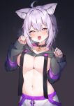  1girl absurdres ahoge animal_ear_fluff animal_ears black_background black_collar breasts cat_ears cat_girl collar gradient_background heart heart-shaped_pupils highres hololive large_breasts looking_at_viewer navel nekomata_okayu nekomata_okayu_(1st_costume) open_mouth purple_eyes purple_hair seion short_hair solo stomach suspenders symbol-shaped_pupils tongue tongue_out underboob virtual_youtuber 