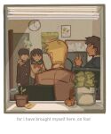  1girl 3boys arm_around_shoulder black_hair blinds blonde_hair clock closed_mouth commentary ekubo_(mob_psycho_100) english_commentary english_text flower_pot from_outside gakuran highres indoors kageyama_shigeo kurata_tome long_sleeves looking_at_another mob_psycho_100 mp100days multiple_boys office open_mouth plant poster_(object) potted_plant reigen_arataka school_uniform serafuku serizawa_katsuya short_hair spirit standing window 