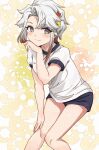  absurdres akishimo_(kancolle) arm_up asymmetrical_hair blue_shorts blush brown_hair buruma gradient_hair grey_eyes grey_hair hair_ornament highres kanmiya_shinobu kantai_collection leaf_hair_ornament multicolored_hair shirt short_hair shorts smile white_shirt 