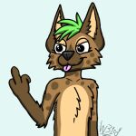  anthro belly black_eyes brown_body brown_fur bustshot female fur gesture green_hair hair hyena mammal middle_finger mischievous mischievous_smile pink_tongue simple_background solo spots spotted_hyena tan_belly teenager tongue tongue_out vannie_(w31rd) w31rd young 