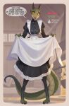  anthro argonian bethesda_softworks bonifasko clothed clothing clothing_lift dress dress_lift female green_body green_scales hi_res maid_uniform scales scalie solo the_elder_scrolls uniform 