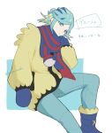  1boy blue_footwear blue_mittens blue_scarf boots character_name closed_mouth commentary_request green_eyes green_hair green_pants grusha_(pokemon) hanaya_nataka hand_up highres jacket long_sleeves looking_at_viewer male_focus pants poke_ball_print pokemon pokemon_(game) pokemon_sv scarf solo translation_request white_background yellow_jacket 