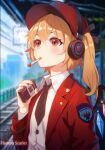  1girl alternate_costume black_necktie blonde_hair blush cigarette collared_shirt commentary_request fingerless_gloves flandre_scarlet flat_cap gloves hair_between_eyes hand_up hat headphones highres holding_cigarette_pack jacket kong_zhi_xian_yu long_hair long_sleeves mouth_hold necktie open_clothes open_jacket red_eyes red_headwear red_jacket shirt side_ponytail smoke smoking solo touhou upper_body white_shirt 