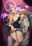  1boy 1girl bare_shoulders breasts brown_hair choker cleavage clock_eyes commission demon_girl demon_horns demon_tail demon_wings dress fang glowing glowing_eyes hair_between_eyes heart heart_choker highres horns kionaoki large_breasts light_brown_hair long_hair open_mouth original purple_eyes short_hair sitting sitting_on_lap sitting_on_person strapless strapless_dress symbol-shaped_pupils tail wings 