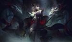  1girl alex_flores bare_shoulders blonde_hair branch breasts bug butterfly claw_(weapon) cleavage closed_mouth collarbone colored_skin coven_evelynn dark english_commentary evelynn_(league_of_legends) eyelashes eyeshadow fog forest half-closed_eyes highres large_breasts leaf league_of_legends looking_at_viewer looking_to_the_side makeup moonlight nature night official_alternate_costume official_alternate_hairstyle official_art outdoors pale_skin red_butterfly red_eyes shadow smile solo standing thighs tree weapon 