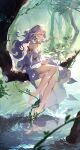  1girl bare_shoulders barefoot braid breasts detached_sleeves dress genshin_impact green_eyes highres multicolored_hair pointy_ears rukkhadevata_(genshin_impact) sitting_on_branch solo streaked_hair water white_dress white_hair zirancike 