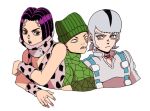  3boys animal_print beanie black_hair brothers chibi cleavage_cutout clothing_cutout cow_print donatello_versus facial_mark family grey_eyes hage_tashuumi hat jojo_no_kimyou_na_bouken multiple_boys necktie purple_hair rikiel short_twintails siblings sideburns stone_ocean twintails ungaro upper_body white_hair 