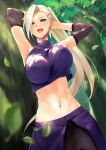  1girl :d arms_behind_back blonde_hair blue_eyes breasts commentary earrings from_below hair_over_one_eye highres ichikawa_noa jewelry large_breasts leaf long_hair looking_at_viewer midriff naruto naruto_(series) navel ponytail smile solo yamanaka_ino 