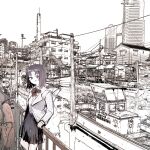  1girl absurdres against_railing blush building city construction_site copyright_request highres jacket monochrome no_nose open_mouth outdoors railing shirt short_hair skirt solo urban utility_pole white_jacket white_shirt zenryoku 