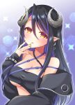  1girl bandeau belt black_bandeau black_belt black_hair black_jacket blue_belt blue_hair blush breasts brown_eyes brown_nails chest_belt cleavage commentary_request curled_horns demon_girl demon_horns fingernails gradient_background grey_horns hair_between_eyes hand_to_own_mouth hebiyoi_tier highres horns jacket large_breasts long_bangs long_hair long_sleeves looking_at_viewer multicolored_hair nanashi_inc. off_shoulder open_clothes open_jacket open_mouth pointy_ears purple_background sidelocks smile solo sparkle two-tone_hair upper_body usaba_(usabara_c) virtual_youtuber 