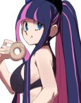  1girl absurdres alternate_costume alternate_hairstyle bare_shoulders blunt_bangs breasts closed_mouth doughnut eating food from_side grey_background highres holding holding_food large_breasts long_hair looking_at_viewer multicolored_hair panty_&amp;_stocking_with_garterbelt pink_hair ponytail purple_eyes purple_hair sho-n-d simple_background solo stocking_(psg) upper_body 