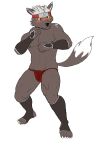  accessory anthro canid clothing fftempest footwear fur grey_body grey_fur hair headband hi_res humanoid male mammal mma muscular smile smirk socks solo tadatomo tail thick_thighs white_hair 