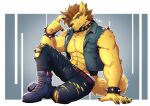  abs anthro blue_eyes bulge canid canine canis clothing collar fur hi_res looking_at_viewer male mammal muscular muscular_anthro muscular_male pecs punk silvertain solo torn_clothing wolf wristband yellow_body yellow_fur 