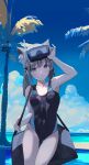  1569847238 1girl absurdres animal_ear_fluff animal_ears black_one-piece_swimsuit blue_archive blue_eyes blue_sky breasts cloud competition_swimsuit covered_navel cowboy_shot cross_hair_ornament day diving_mask diving_mask_on_head extra_ears goggles goggles_on_head grey_hair hair_ornament halo highres horizon low_ponytail medium_hair mismatched_pupils multicolored_clothes multicolored_swimsuit ocean official_alternate_costume one-piece_swimsuit outdoors palm_tree shiroko_(blue_archive) shiroko_(swimsuit)_(blue_archive) sky small_breasts snorkel solo swimsuit tree wolf_ears 