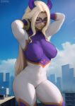  1girl arms_behind_head artist_name blonde_hair blue_eyes bodysuit boku_no_hero_academia breasts city commentary commentary_typo covered_navel covered_nipples cowboy_shot domino_mask flowerxl giant giantess horns impossible_bodysuit impossible_clothes mask mount_lady multicolored_bodysuit multicolored_clothes outdoors paid_reward_available patreon_username skin_tight skyline solo standing thick_thighs thighs web_address 