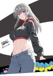  alternate_costume artist_name black_jacket black_panties blush breasts casual cropped_jacket goddess_of_victory:_nikke grey_hair highleg highleg_panties highres hood hood_down hooded_jacket hormone_nikke jacket large_breasts long_hair modernia_(nikke) navel panties pants red_eyes red_jacket sidelocks signature twitter_username underwear 