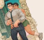  2boys age_difference bara between_pectorals black_hair blush bubble_tea collared_shirt cover cover_page covered_nipples dark-skinned_male dark_skin dolphin_shorts doujin_cover earrings facial_hair feet_out_of_frame glasses goatee green_shorts head_on_another&#039;s_shoulder highres holding_hands hug hug_from_behind interlocked_fingers jewelry kim_liong_(shan) large_pectorals long_sideburns male_focus mature_male multiple_boys muscular muscular_male necktie necktie_between_pectorals nike original pectorals pout shan_(shanshankuo) shirt shoes short_hair shorts sideburns sleeves_rolled_up smile sneakers standing tank_top thick_eyebrows tsi-ho_(shan) undressing_another white_tank_top 