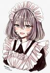  1girl :d apron black_dress blush collared_dress commentary_request cropped_torso dated dress eyelashes fang frilled_apron frills grey_eyes grey_hair hair_between_eyes happy looking_at_viewer maid maid_headdress open_mouth original short_hair signature sketch smile solo sugano_manami tsurime upper_body white_apron 