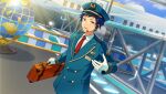  1boy aircraft airplane blue_hair buttons collared_shirt dark_blue_hair dream_travel_(ensemble_stars!) ensemble_stars! fushimi_yuzuru globe gloves happy_elements hat headset holding holding_suitcase lapels looking_at_viewer male_focus military_hat mole mole_under_eye necktie notched_lapels official_art open_mouth purple_eyes red_necktie shirt short_bangs short_hair solo suitcase third-party_source tie_clip upper_body white_gloves 
