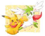  :d aimi_(aimia492) arm_up artist_name bandana blush border brown_eyes closed_mouth commentary_request full_body green_eyes looking_at_another looking_to_the_side no_humans open_mouth outside_border pikachu pokemon pokemon_(creature) red_bandana shaymin shaymin_(sky) simple_background smile twitter_username v-shaped_eyebrows white_border yellow_background 