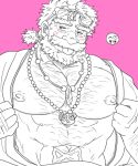 1boy abs bara bare_pectorals bead_necklace beads bear_necklace beard blush body_hair chest_hair clothes_pull commentary_request crystal_necklace emoji eyewear_on_head facial_hair hairy highres infinity_tattoo japanese_clothes jewelry kimono large_pectorals looking_to_the_side low_ponytail m_cwfe male_focus mature_male medium_hair multiple_necklaces muscular muscular_male necklace nipples old old_man open_clothes open_kimono pectorals pink_background simple_background solo sunglasses thick_eyebrows thick_mustache tianzun_(housamo) tokyo_afterschool_summoners tongue tongue_out upper_body 