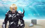  1boy armor asymmetrical_bangs black_armor blonde_hair bouquet closed_mouth curly_eyebrows english_text facial_hair grave hair_over_one_eye heart highres male_focus narcissus111 one_piece sanji_(one_piece) short_hair signature solo tombstone underwater water 