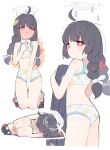  1girl ahoge bikini black_hair blue_archive blush bow braid breasts closed_mouth crocs fetal_position frown full-face_blush hair_bow halo highres kamo_(kamonabe_44) long_hair looking_at_viewer miyu_(blue_archive) miyu_(swimsuit)_(blue_archive) multiple_views raised_eyebrows red_eyes small_breasts swimsuit tears twin_braids white_background white_bikini 